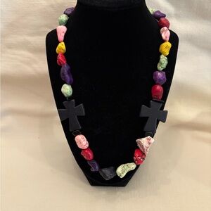 Multicolor Beaded Necklace with Black Cross Accents